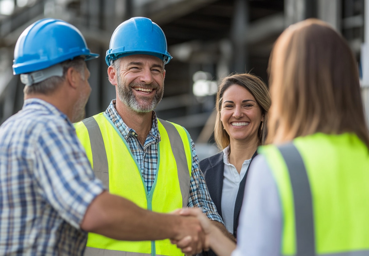 Construction workers meeting and shaking hands