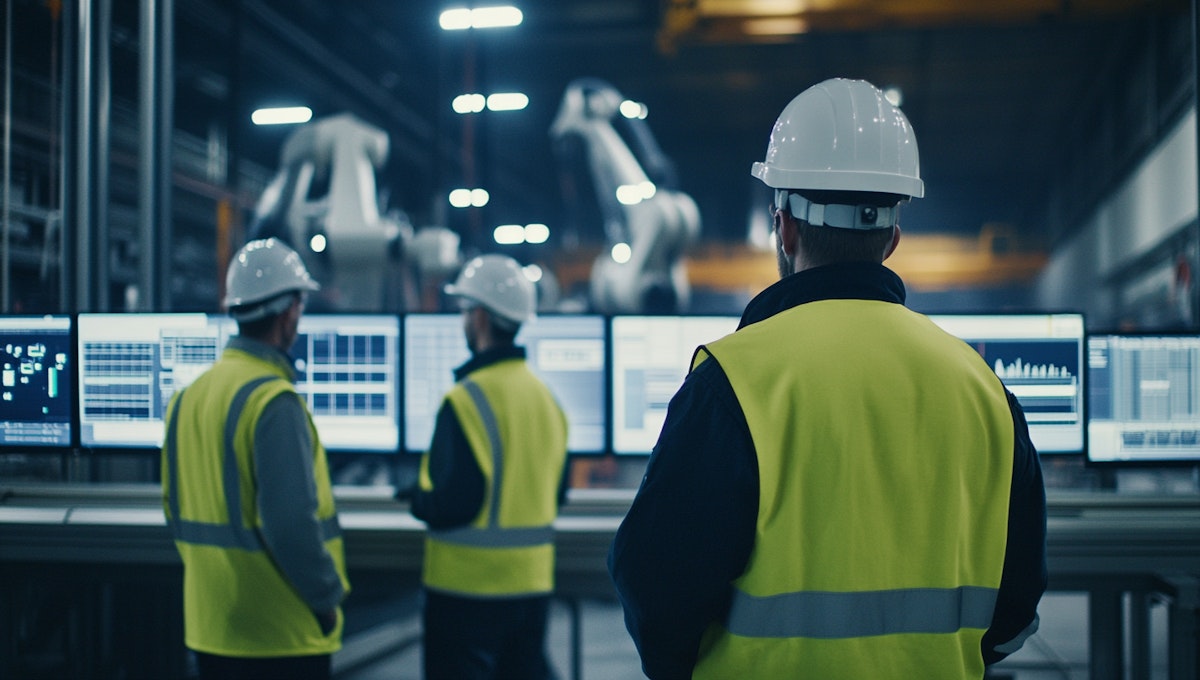 Employees wearing safety vest looking at computers.