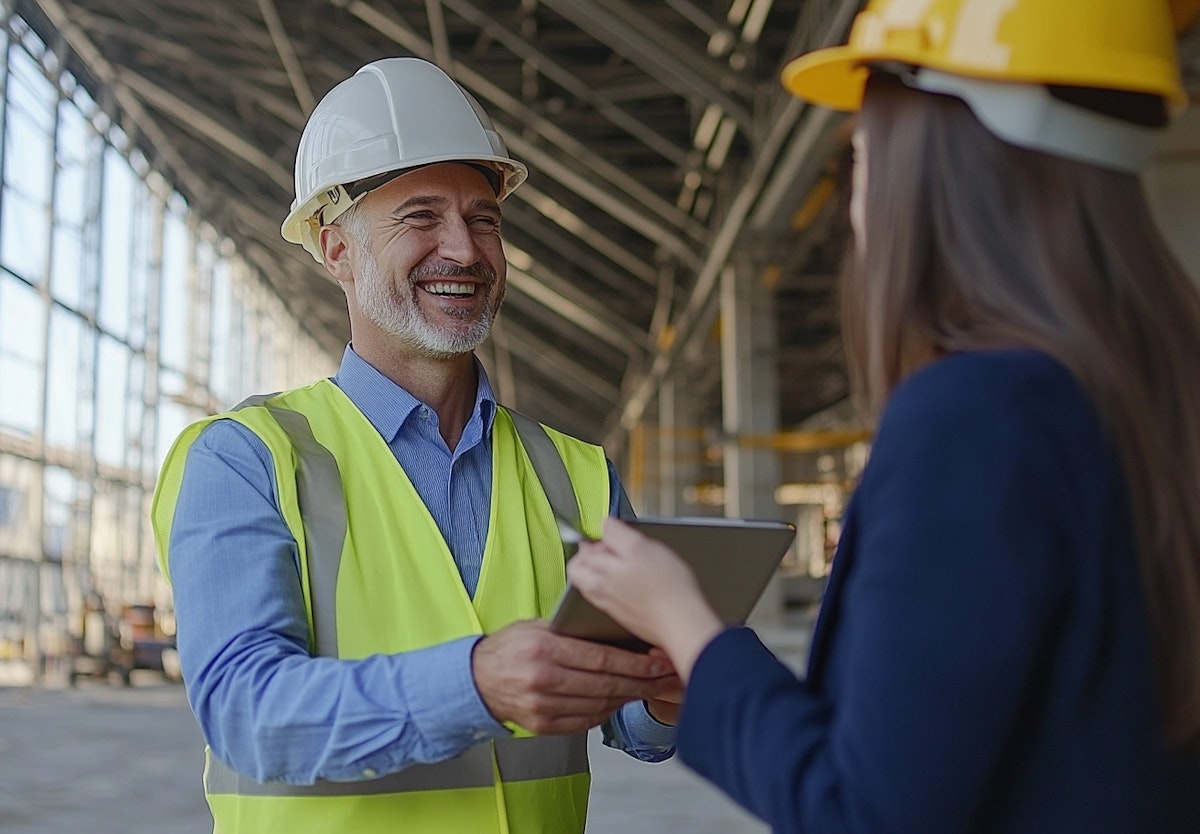 Two people reviewing notes on a construction site